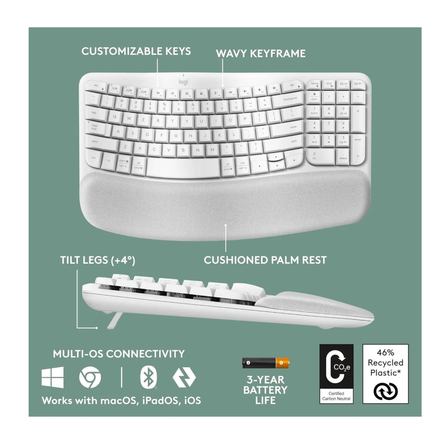 Teclado Ergonomico Inalambrico Logitech Wave Keys | Reposama