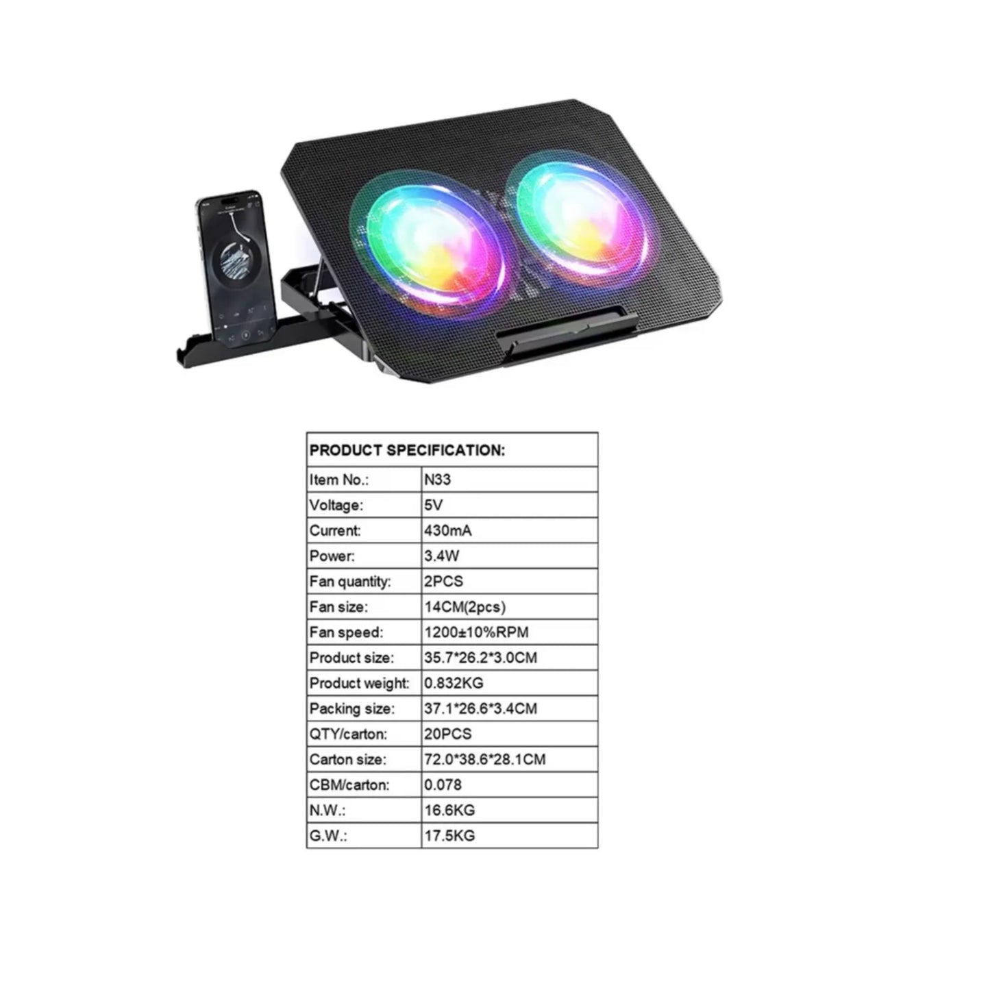 Base Soporte Refrigerante Portatil 2 Fans Gamer Rgb Jyr 020