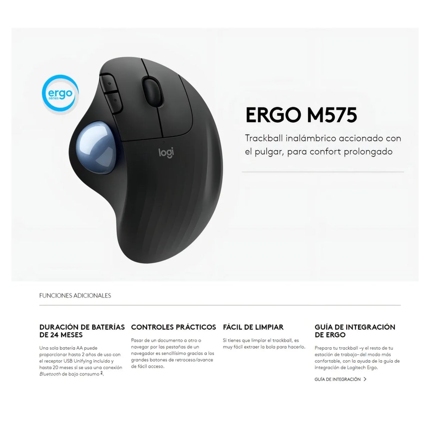Logitech Ergo M575, Mouse Trackball Inalámbrico / Ergonómico