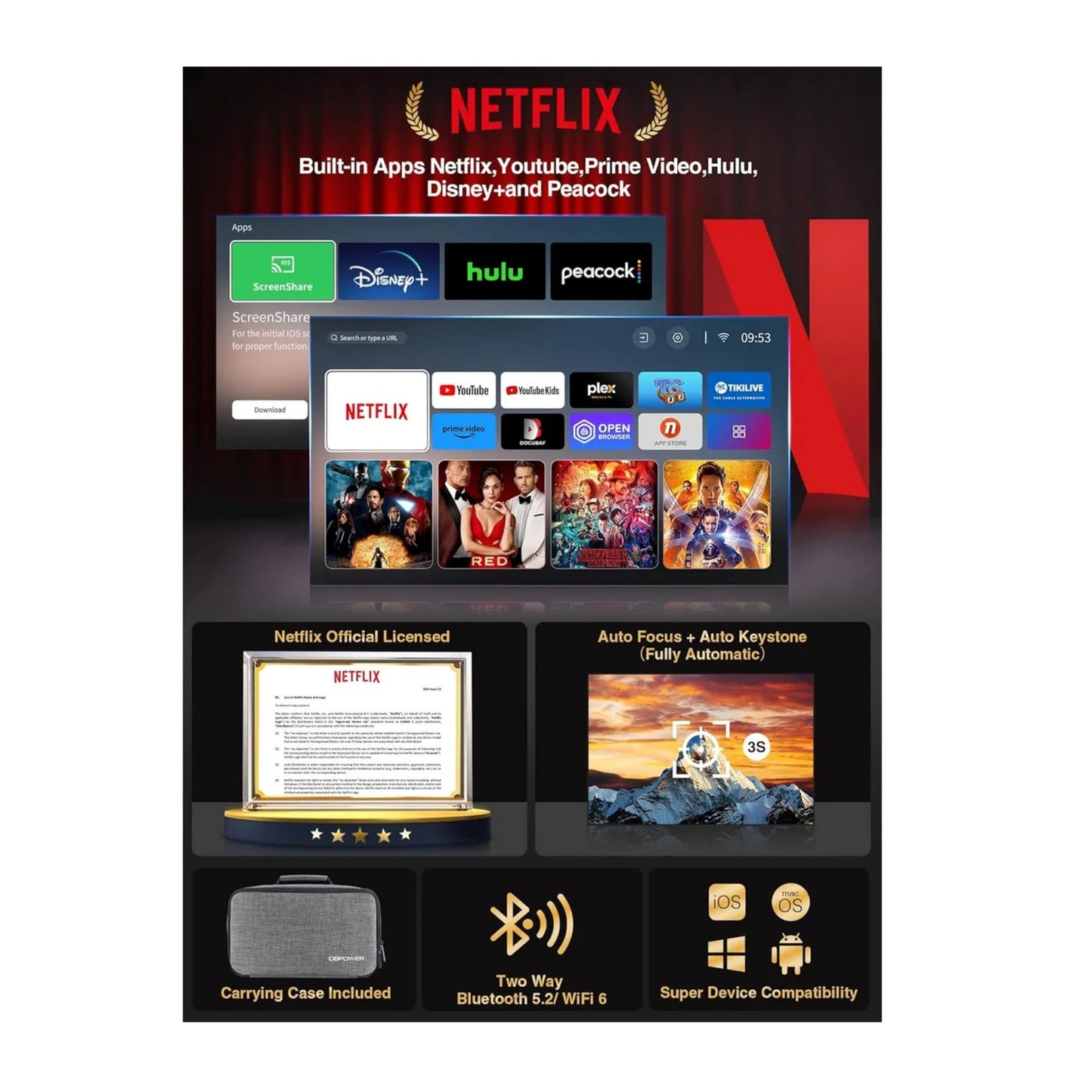 Proyector Video Beam 1080p Autoenfoque Lic Netflix | Dbpower