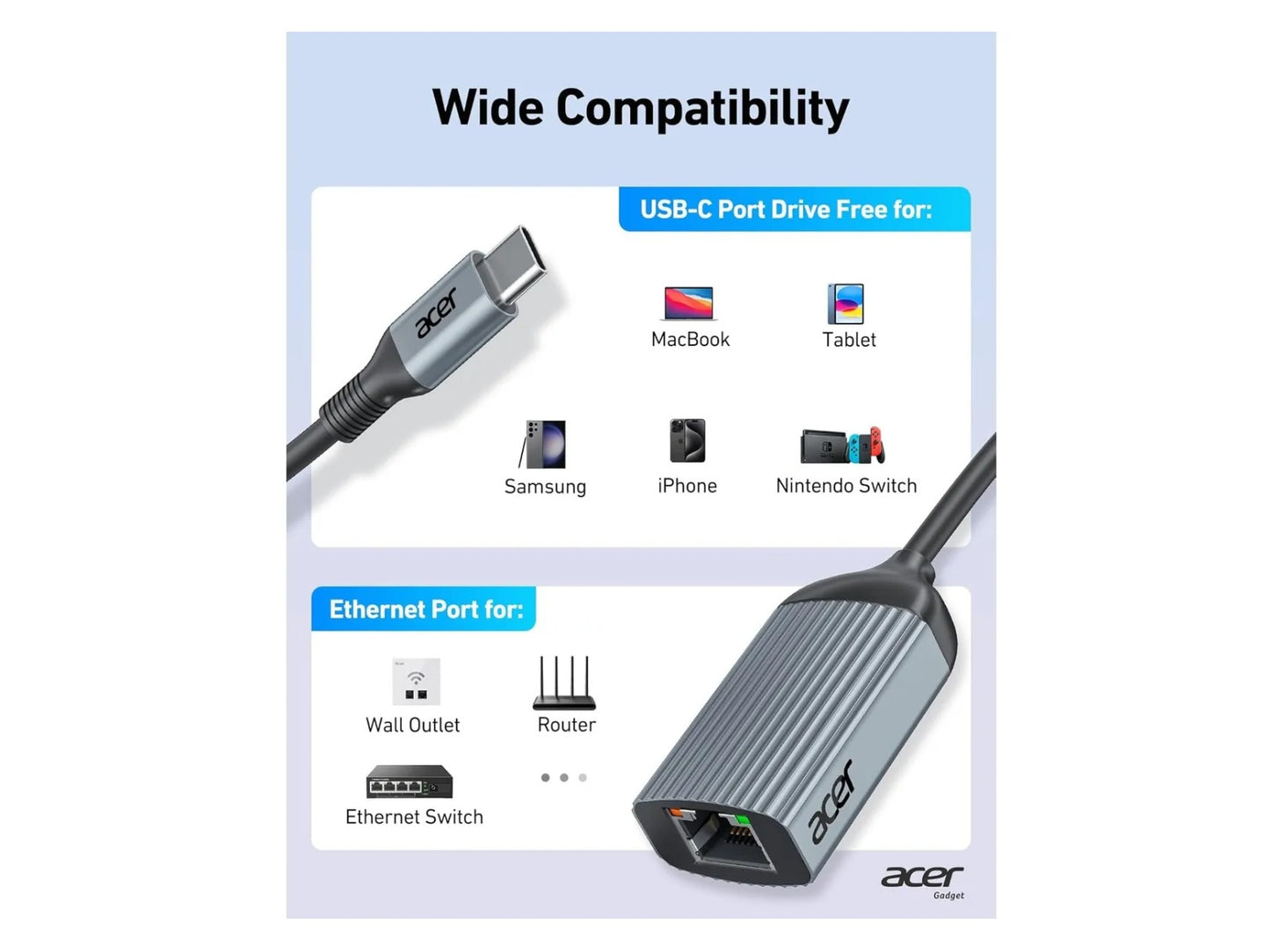 Adaptador Para Cable De Red Acer Gris Lan A Rj45