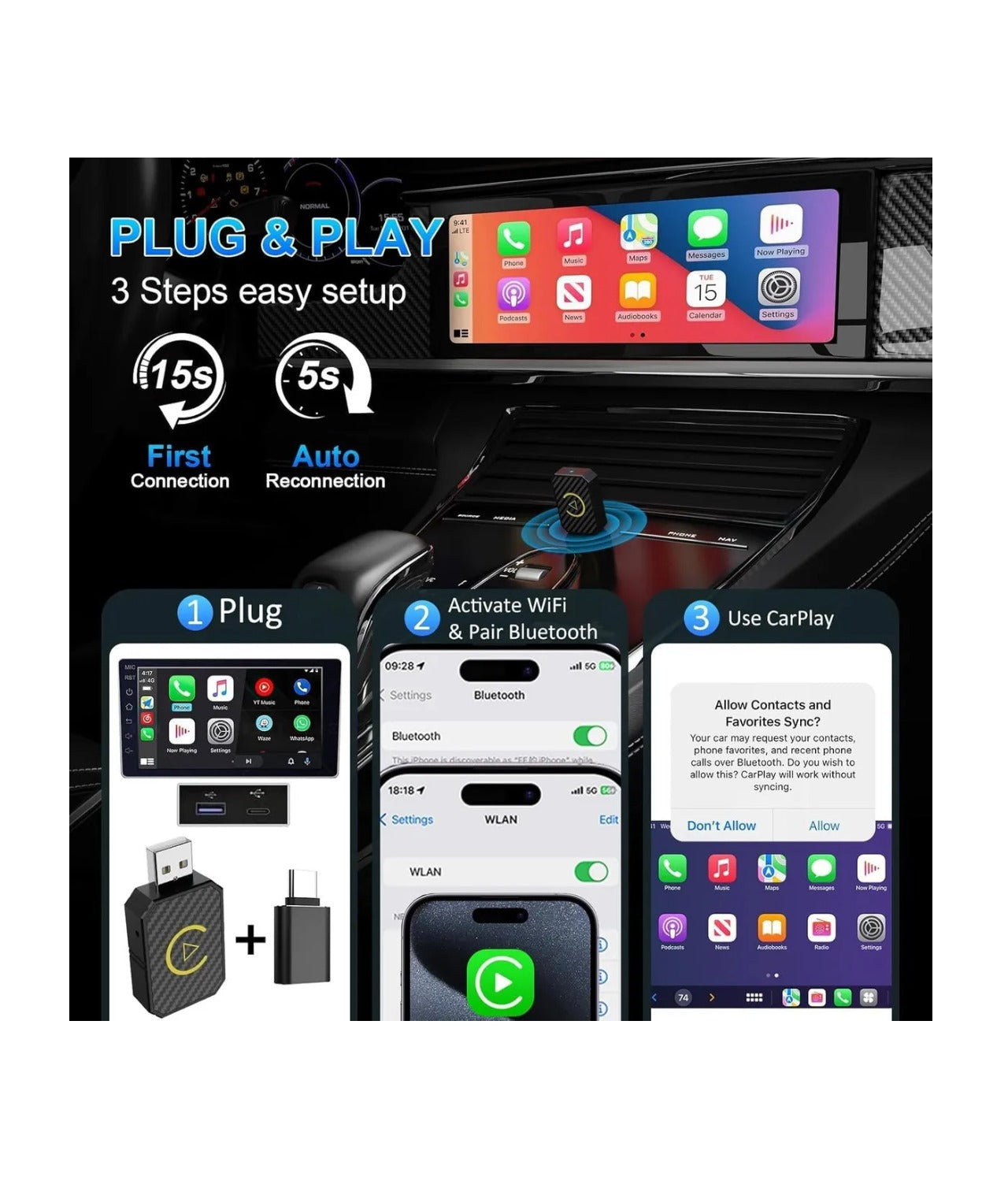 Mini Adaptador Inalámbrico Carplay Para iPhone Carro Android