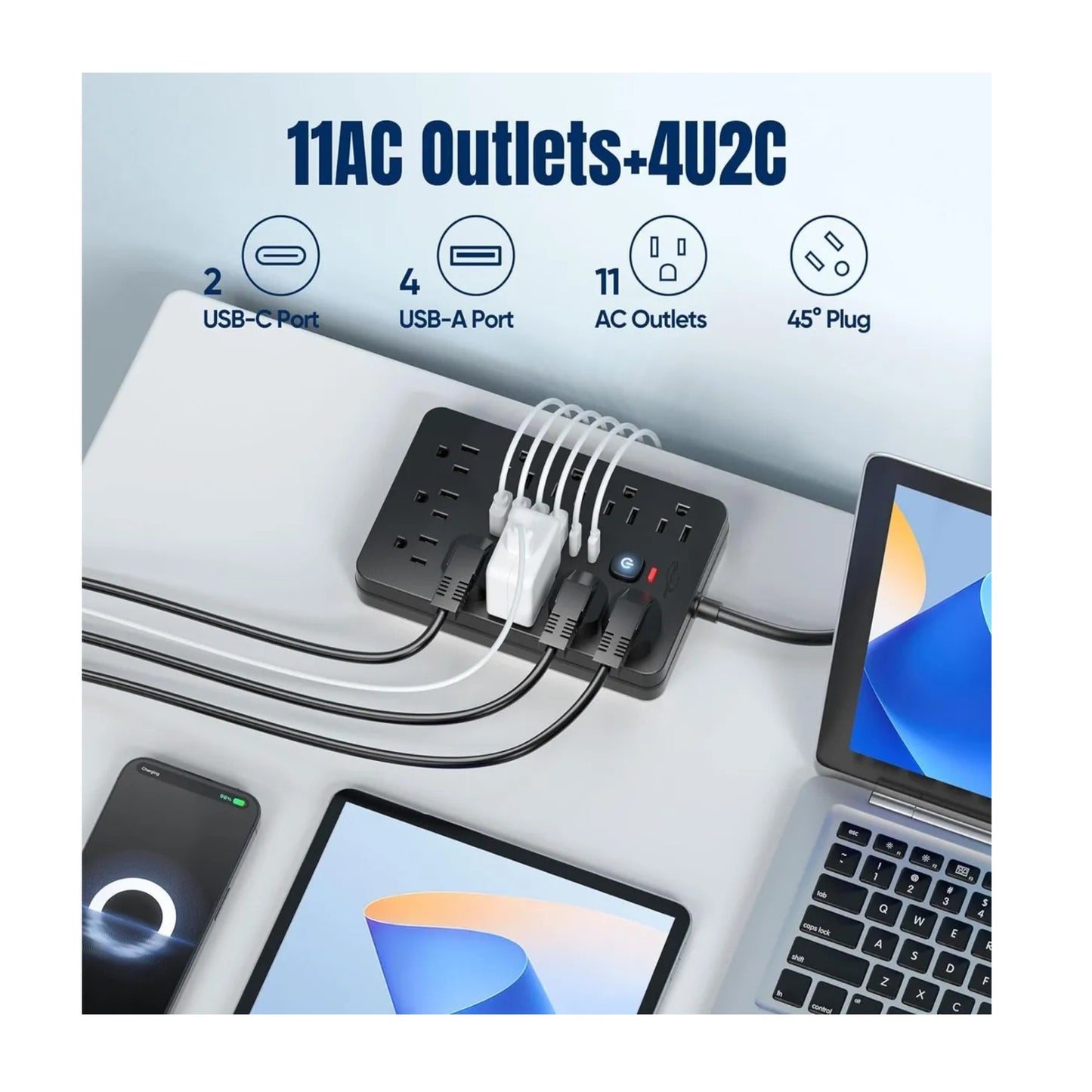 Multitoma 17 En 1 Americano 11 Tomas 4 Usb 2.1 A 2usb Tipo C